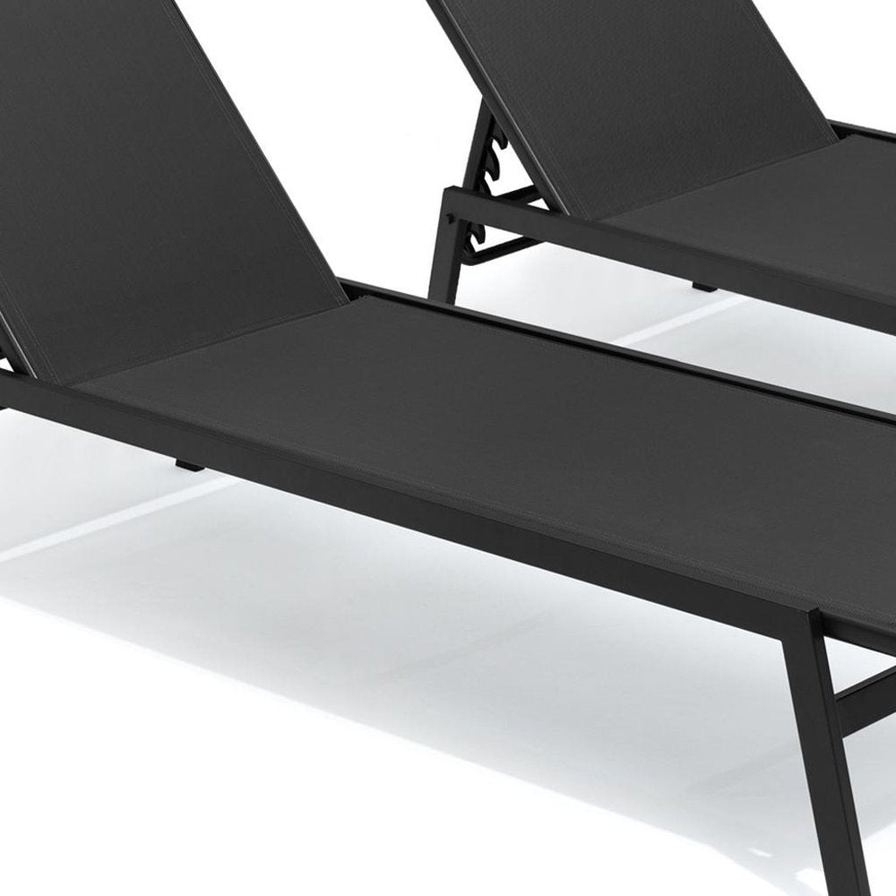 Set of Two Black Aluminum Five Position Adjustable Outdoor Stacking Chaise Lounges