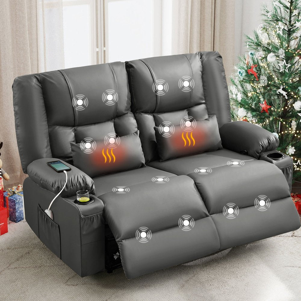 62" Gray Faux Leather Manual Reclining Loveseat With Storage and Toss Pillows