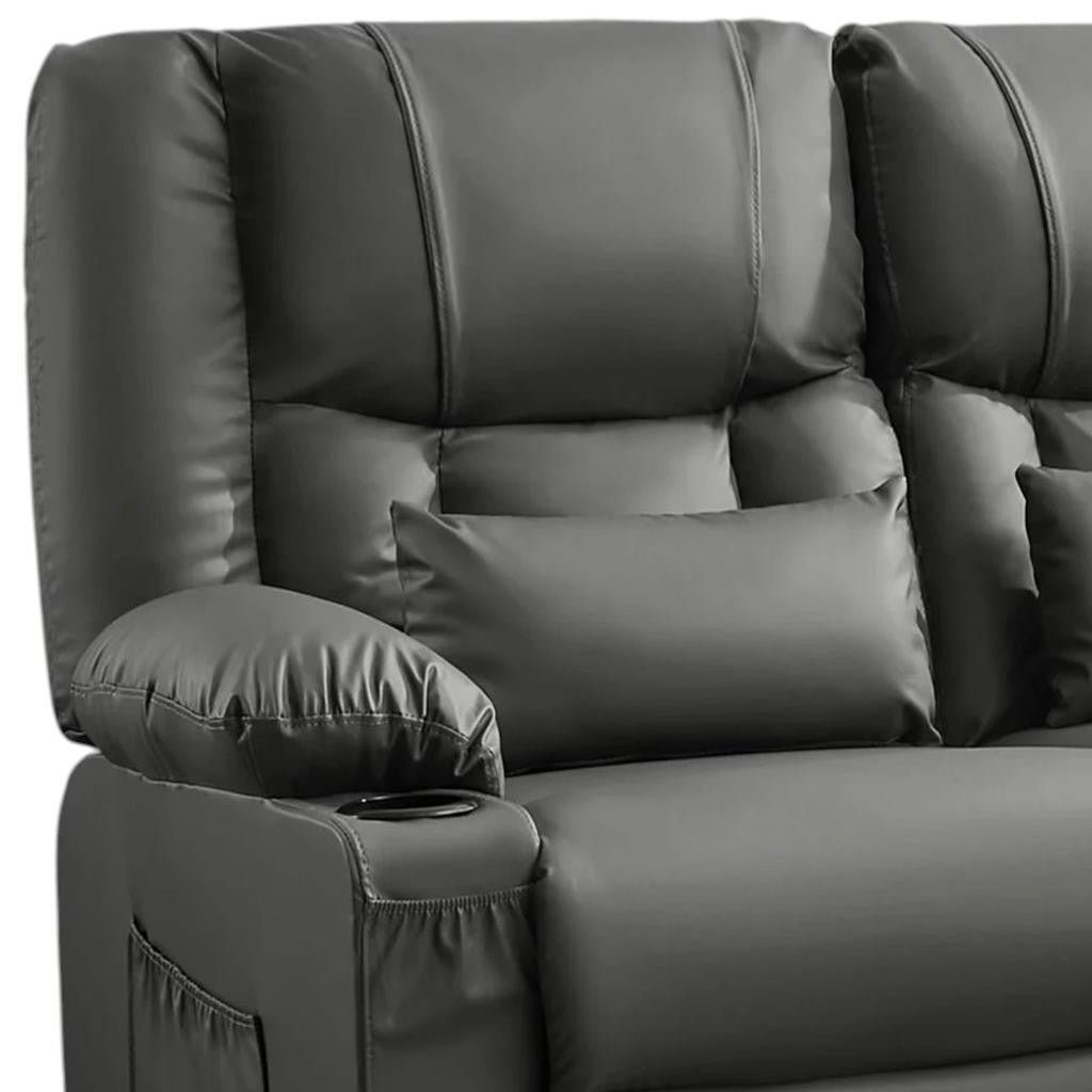 62" Gray Faux Leather Manual Reclining Loveseat With Storage and Toss Pillows