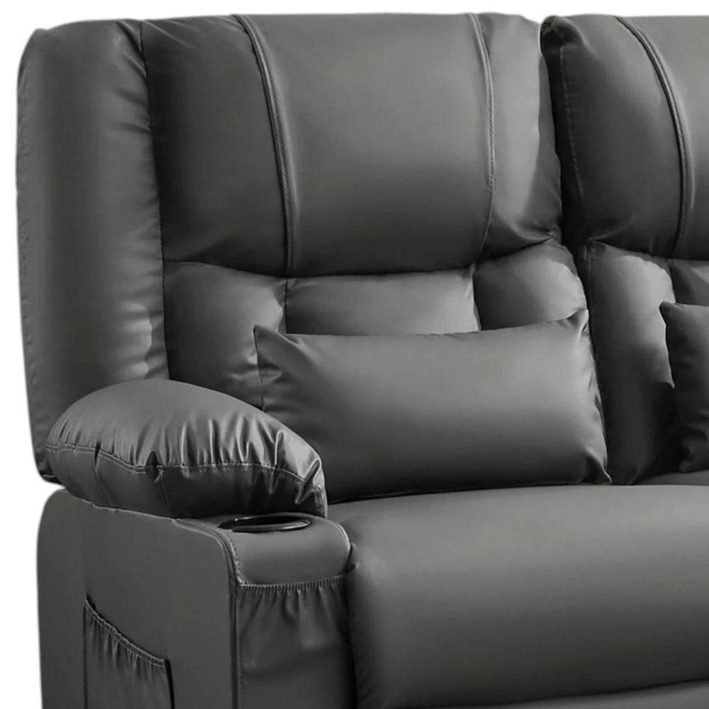 62" Black Faux Leather Reclining Loveseat With Storage and Toss Pillows