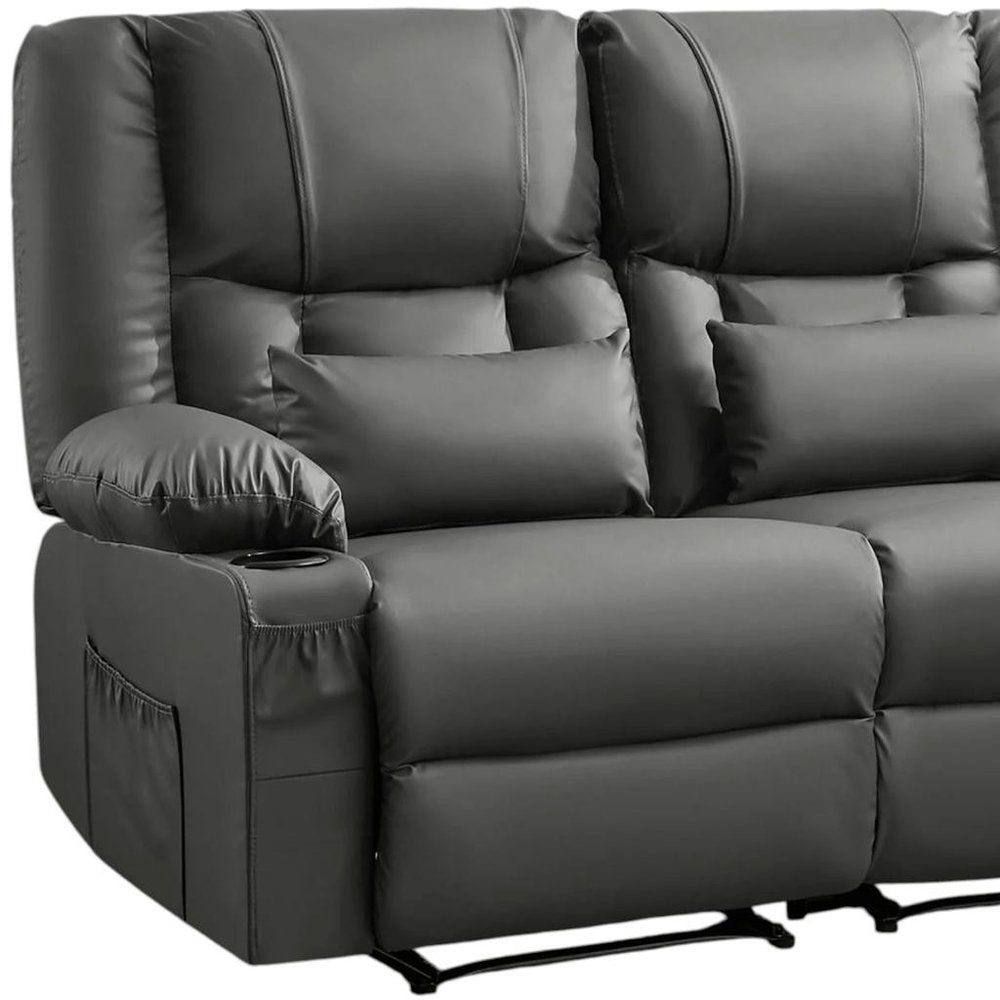 62" Black Faux Leather Reclining Loveseat With Storage and Toss Pillows