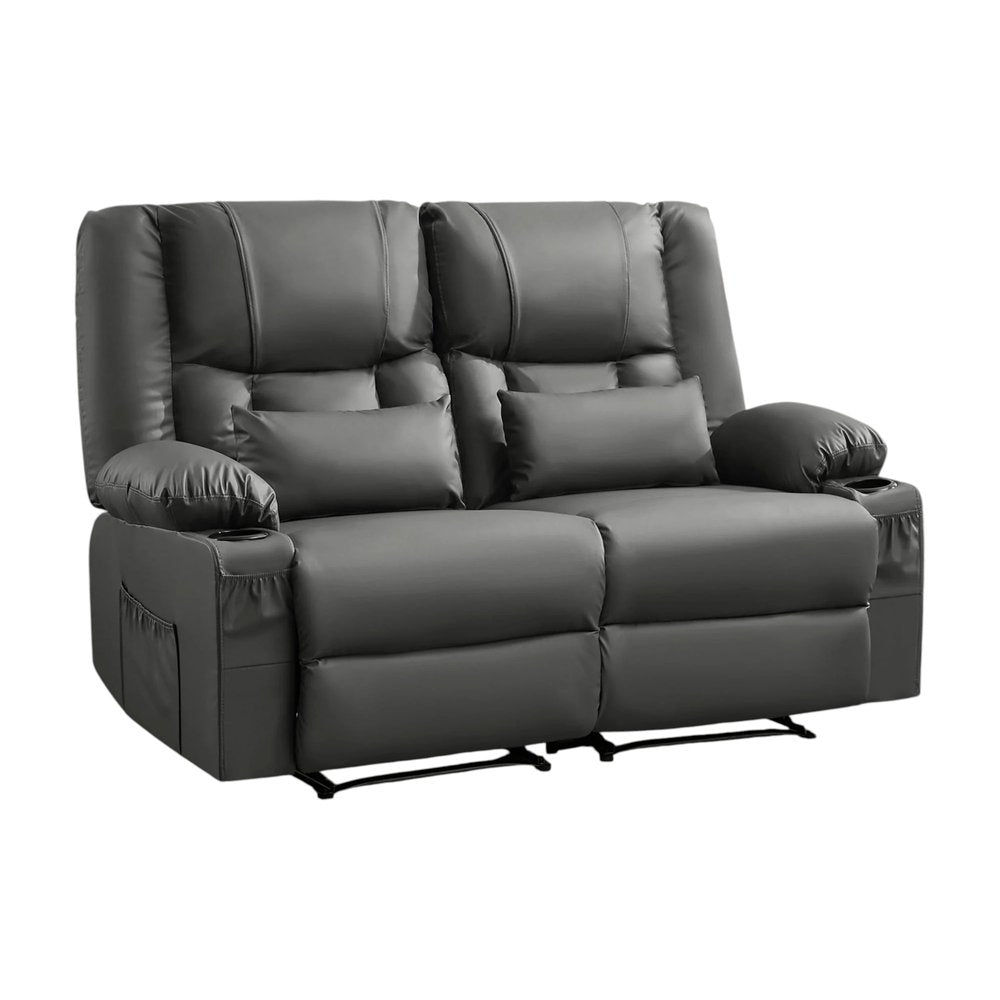 62" Black Faux Leather Reclining Loveseat With Storage and Toss Pillows