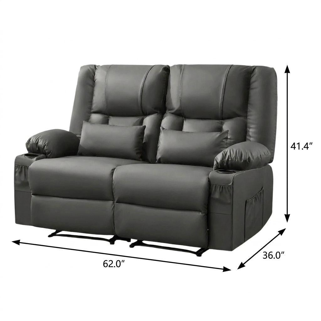 62" Gray Faux Leather Manual Reclining Loveseat With Storage and Toss Pillows