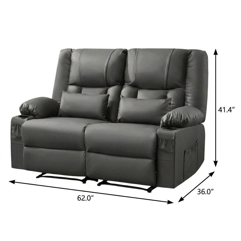 62" Black Faux Leather Reclining Loveseat With Storage and Toss Pillows