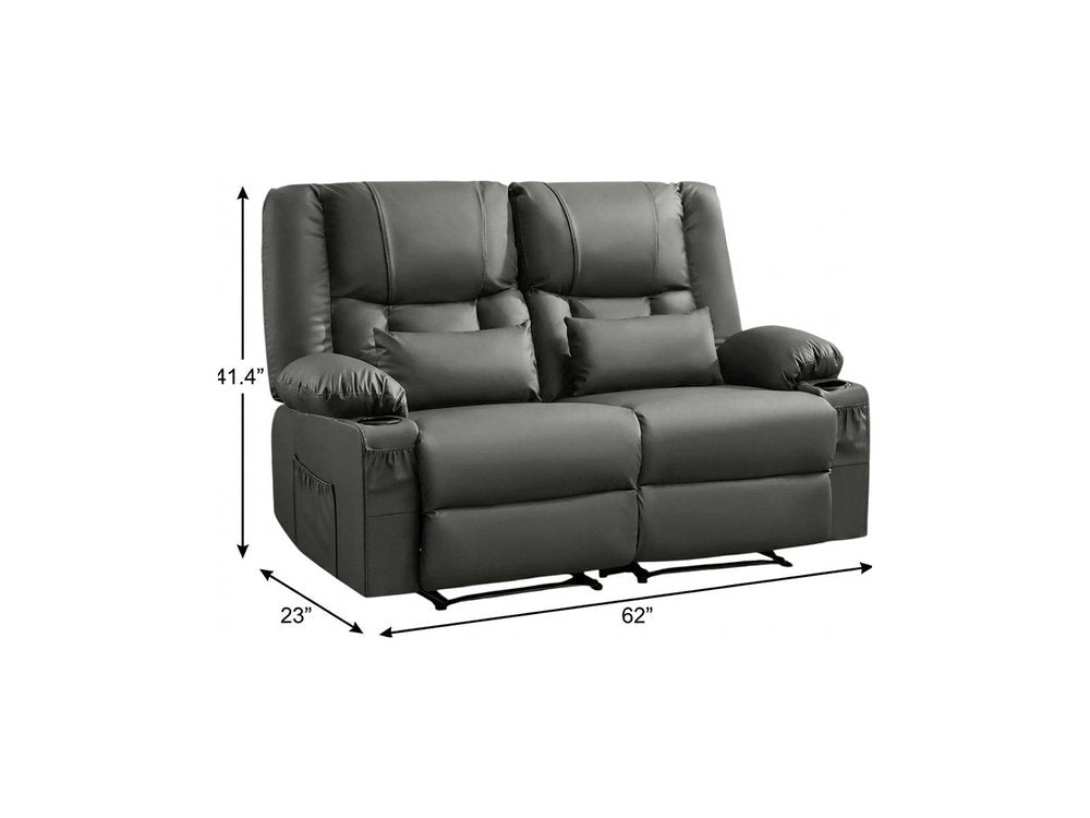 62" Gray Faux Leather Manual Reclining Loveseat With Storage and Toss Pillows