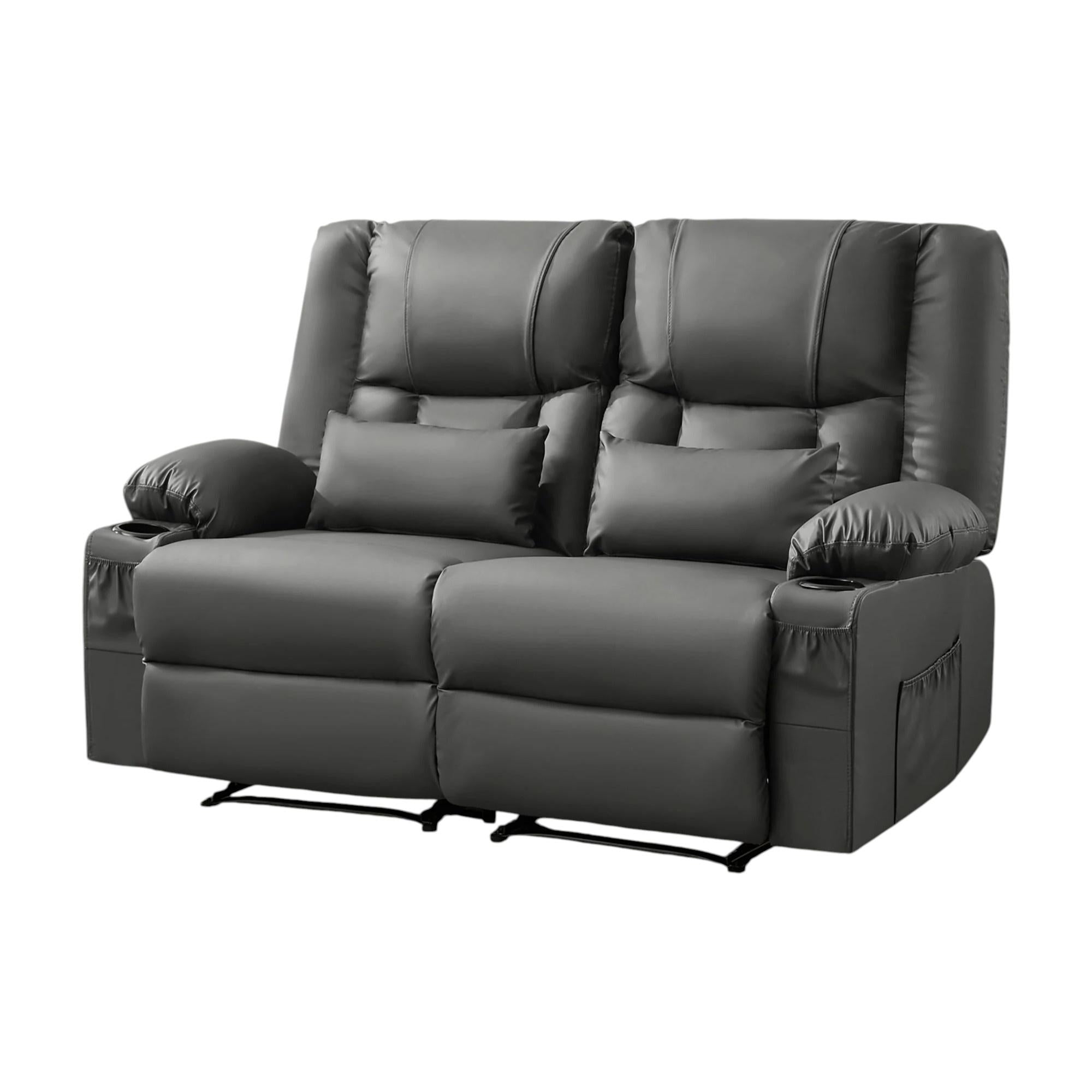 62" Gray Faux Leather Manual Reclining Loveseat With Storage and Toss Pillows