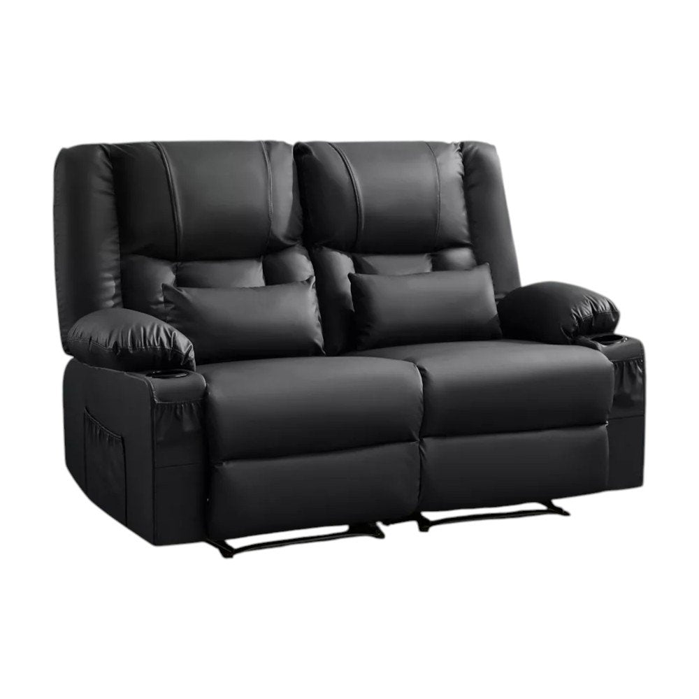 62" Black Faux Leather Reclining Loveseat With Storage and Toss Pillows