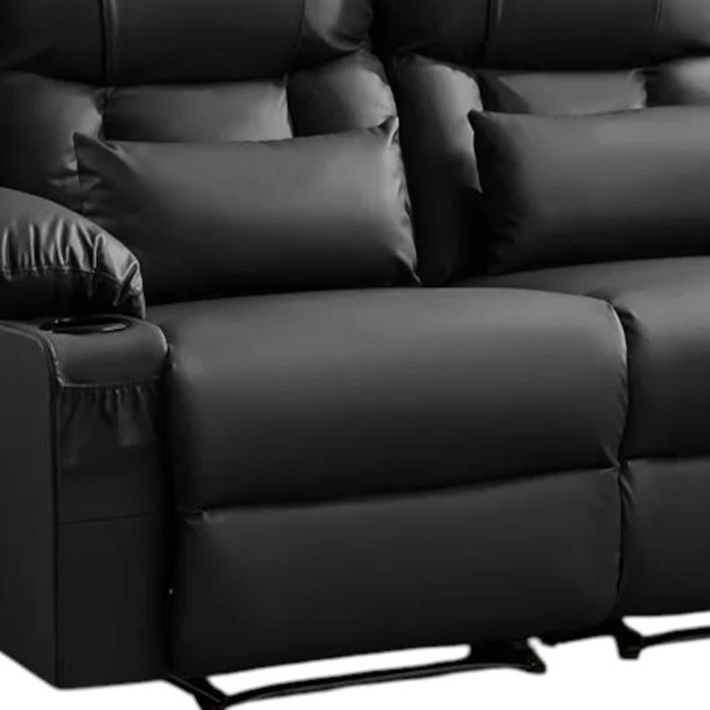 62" Black Faux Leather Reclining Loveseat With Storage and Toss Pillows