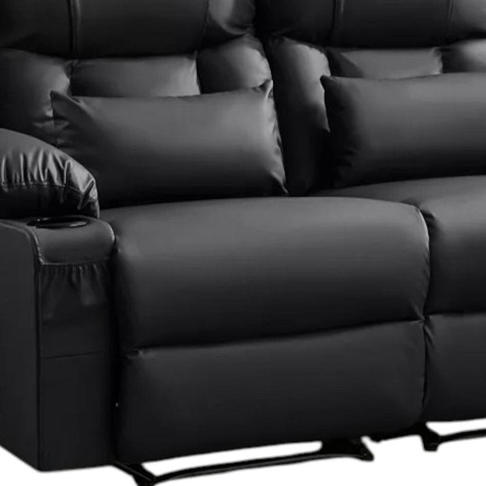 62" Black Faux Leather Reclining Loveseat With Storage and Toss Pillows