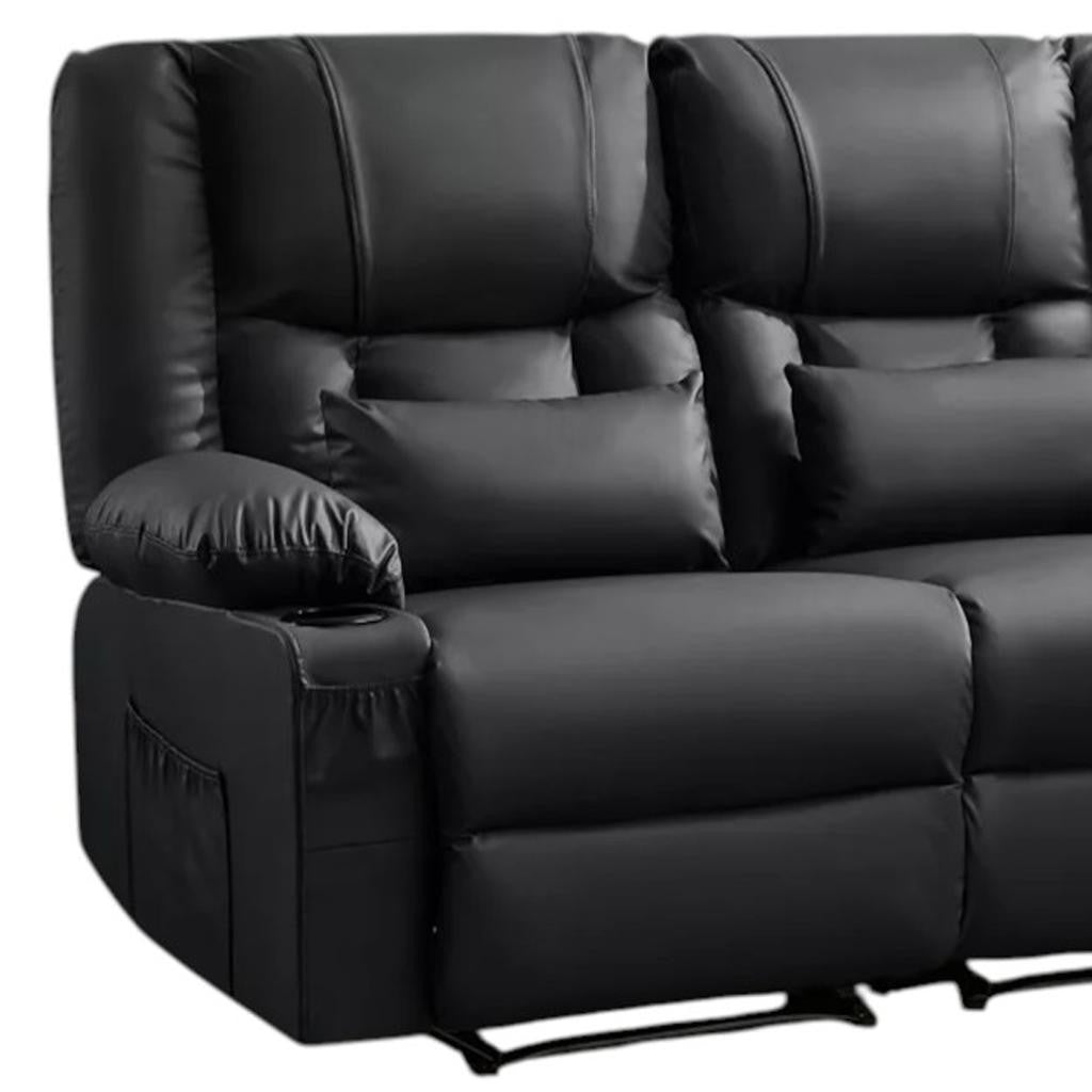 62" Black Faux Leather Reclining Loveseat With Storage and Toss Pillows