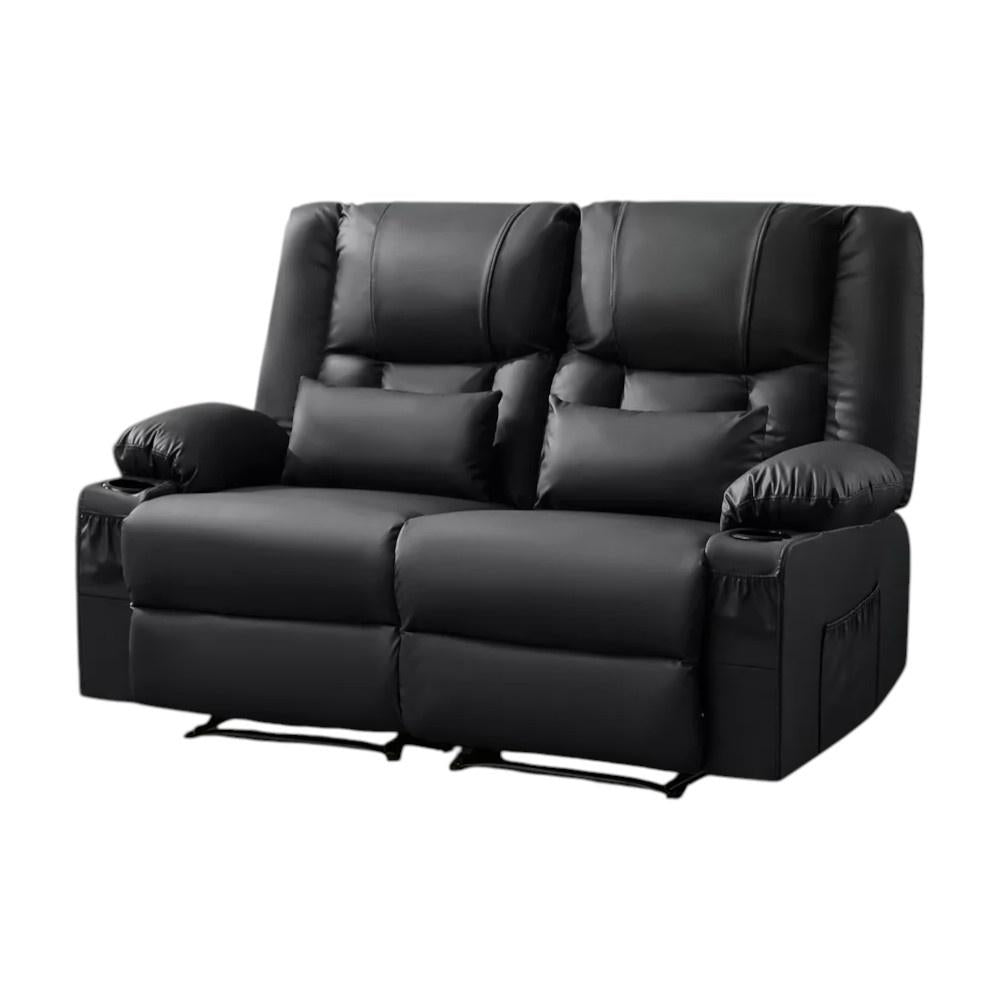 62" Black Faux Leather Reclining Loveseat With Storage and Toss Pillows