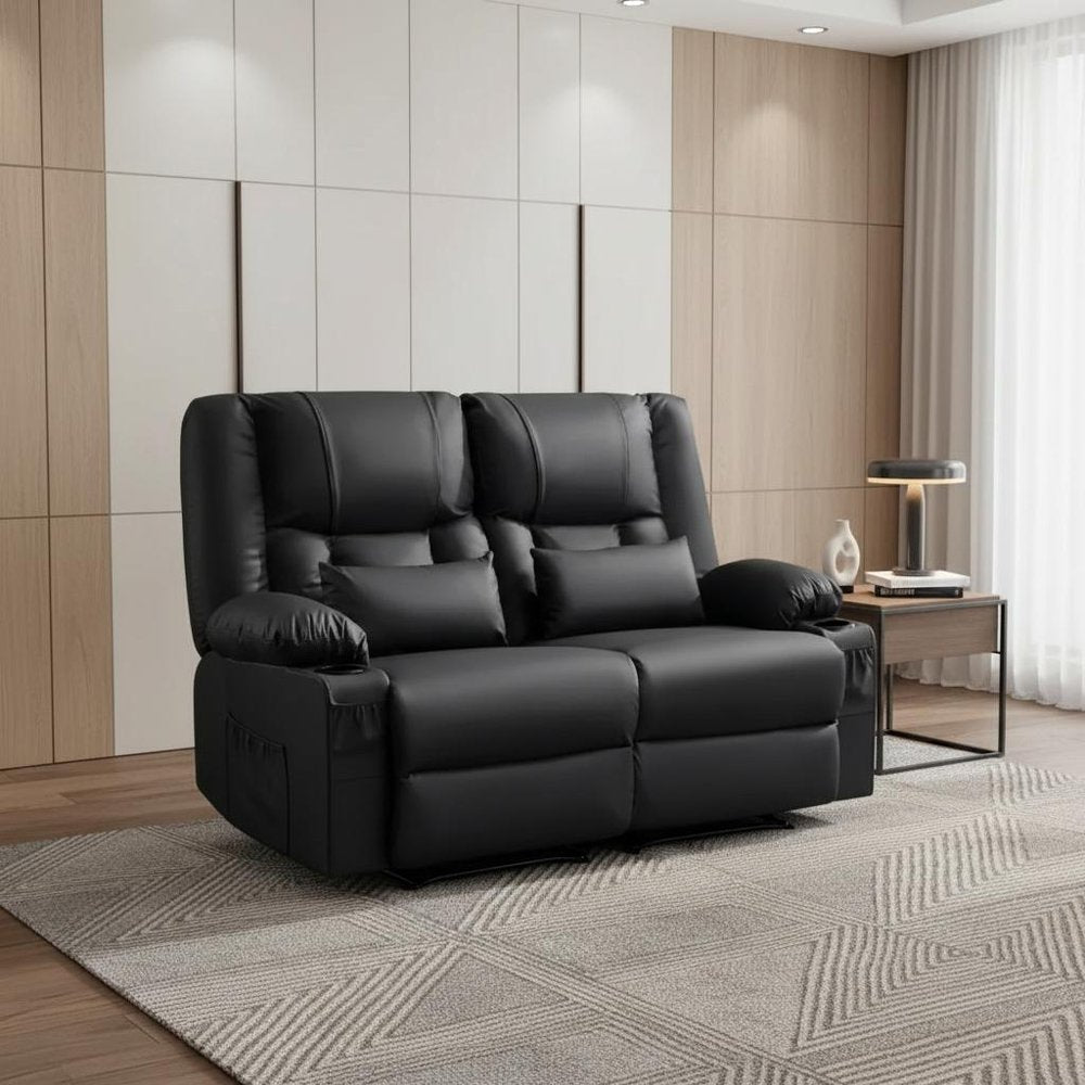 62" Black Faux Leather Reclining Loveseat With Storage and Toss Pillows