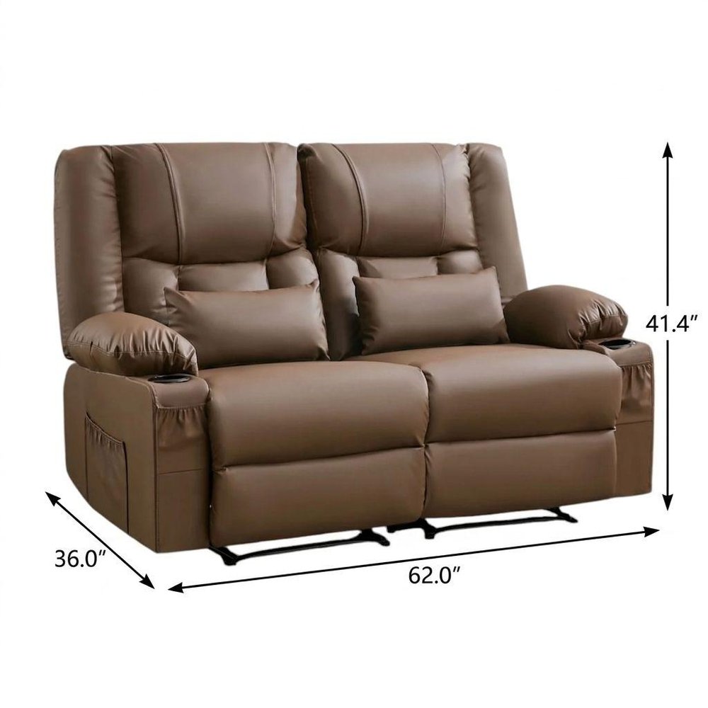 62" Black Faux Leather Reclining Loveseat With Storage and Toss Pillows