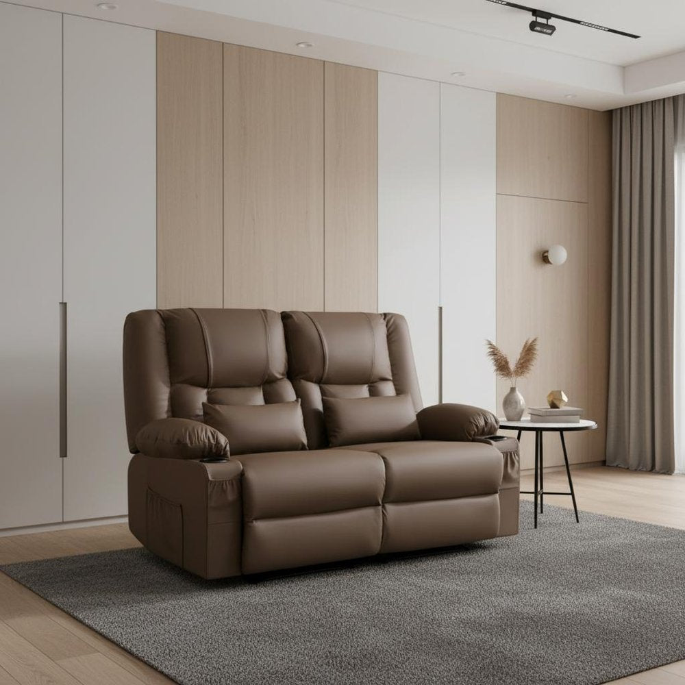 62" Black Faux Leather Reclining Loveseat With Storage and Toss Pillows