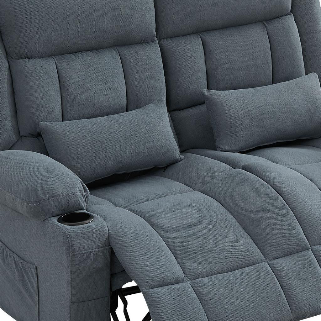 47" Slate Blue and Black Microfiber Manual Reclining Loveseat With Storage and Toss Pillows