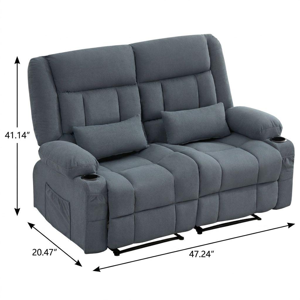 47" Slate Blue and Black Microfiber Manual Reclining Loveseat With Storage and Toss Pillows