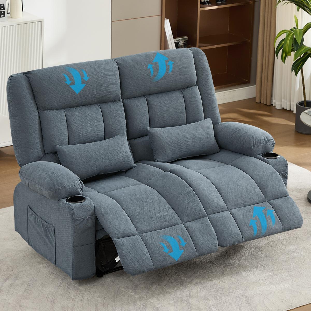 47" Slate Blue and Black Microfiber Manual Reclining Loveseat With Storage and Toss Pillows