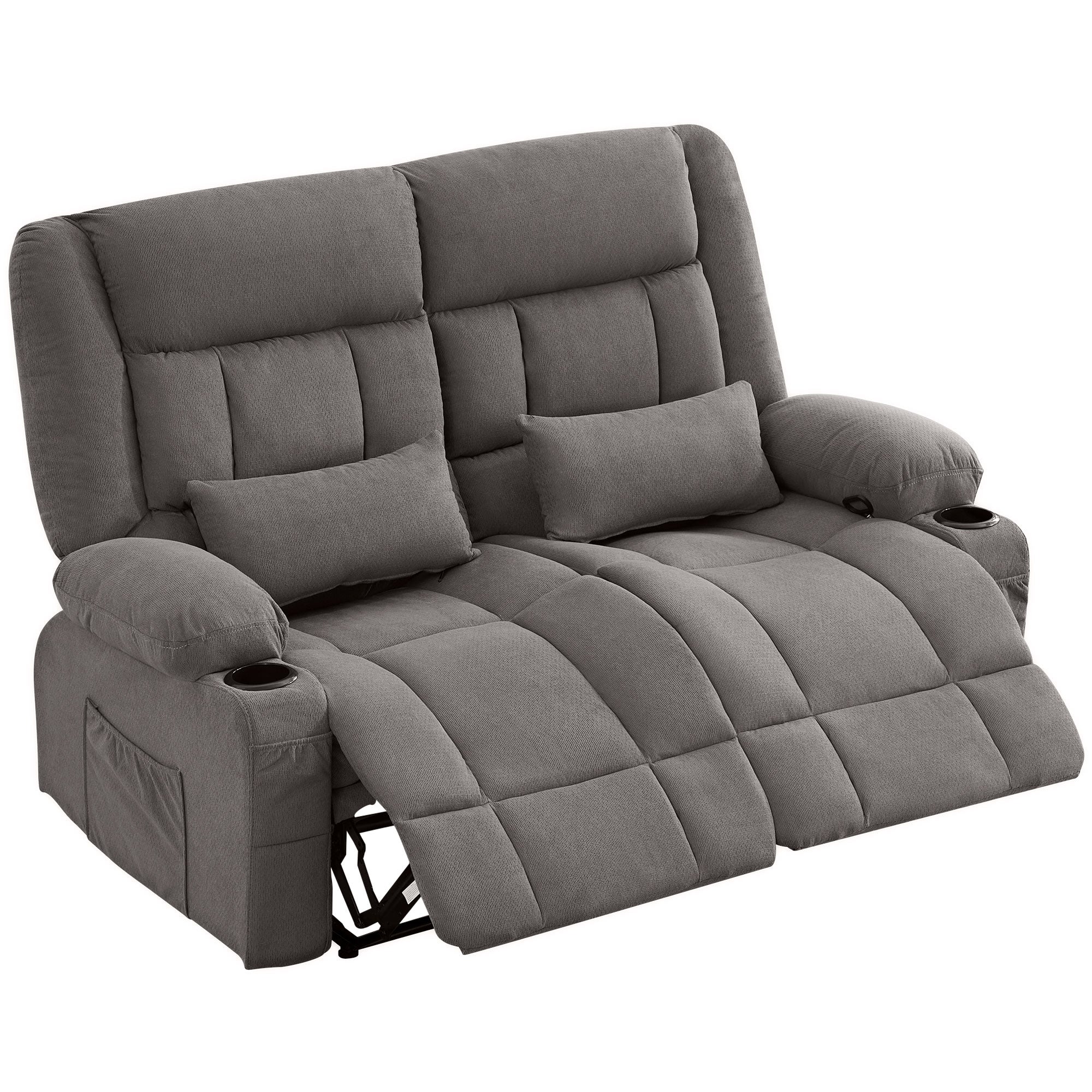62" Gray Microfiber Manual Reclining Loveseat With Storage and Toss Pillows