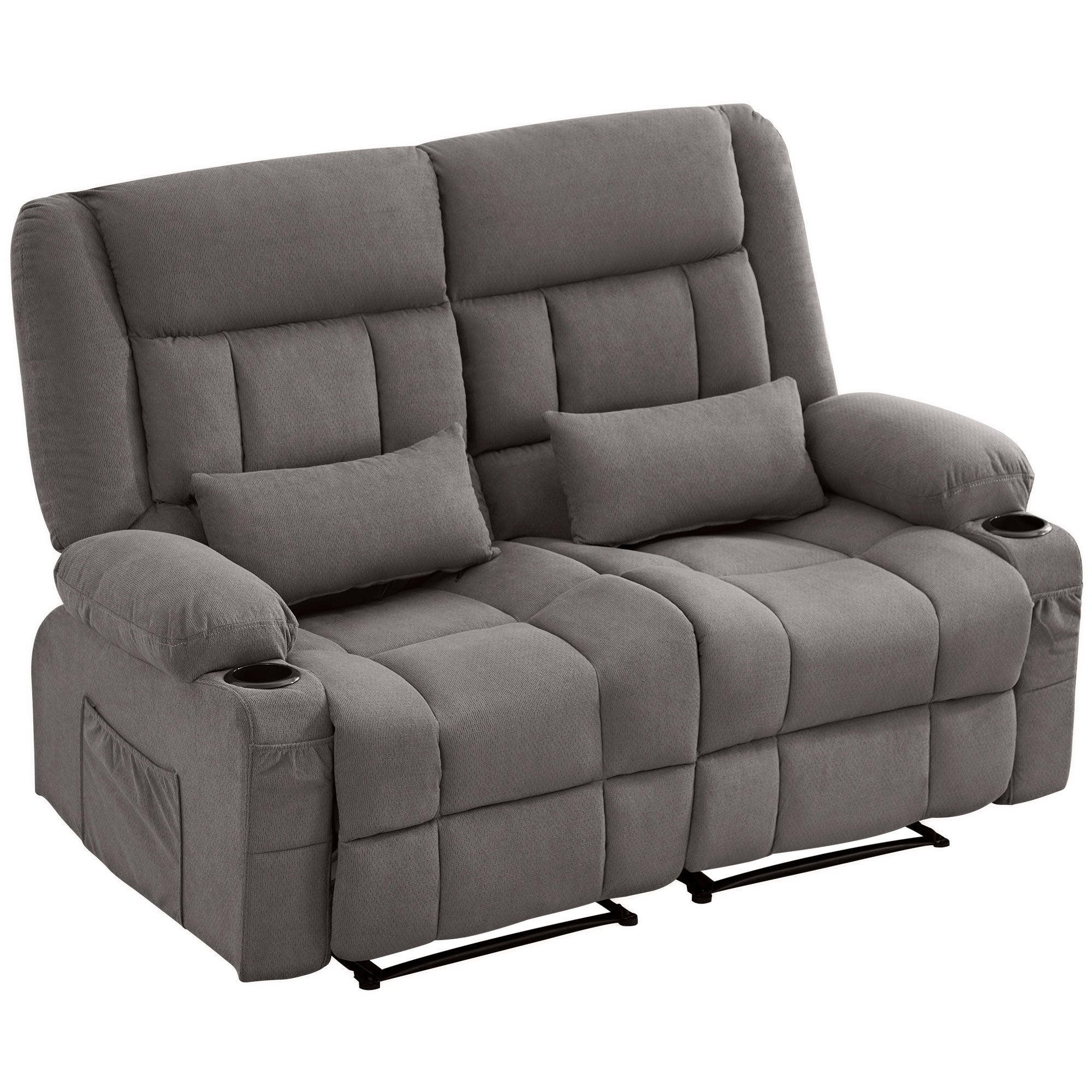 62" Gray Microfiber Manual Reclining Loveseat With Storage and Toss Pillows