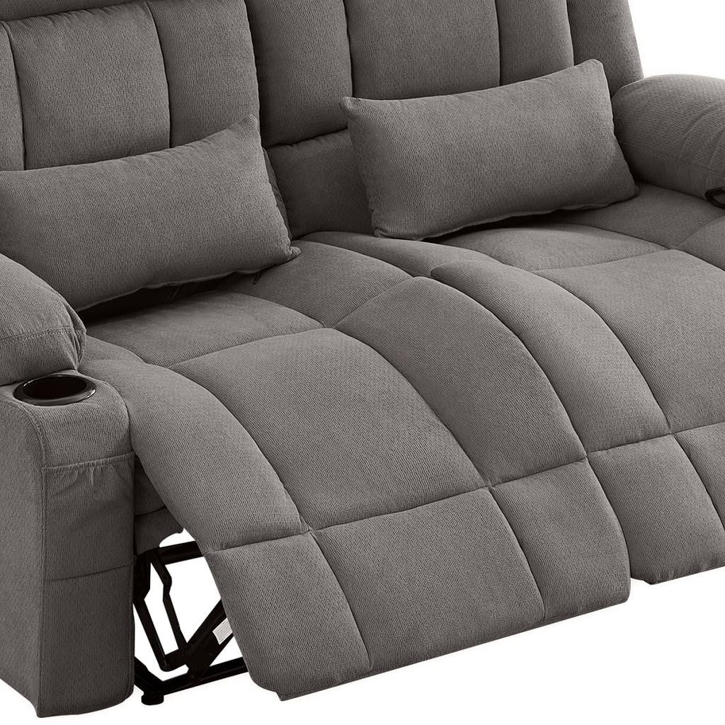 62" Gray Microfiber Manual Reclining Loveseat With Storage and Toss Pillows