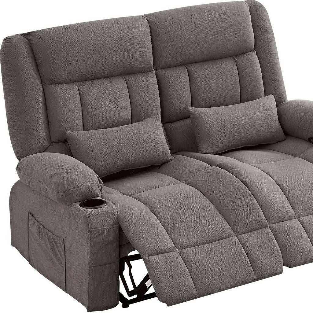 62" Gray Microfiber Manual Reclining Loveseat With Storage and Toss Pillows
