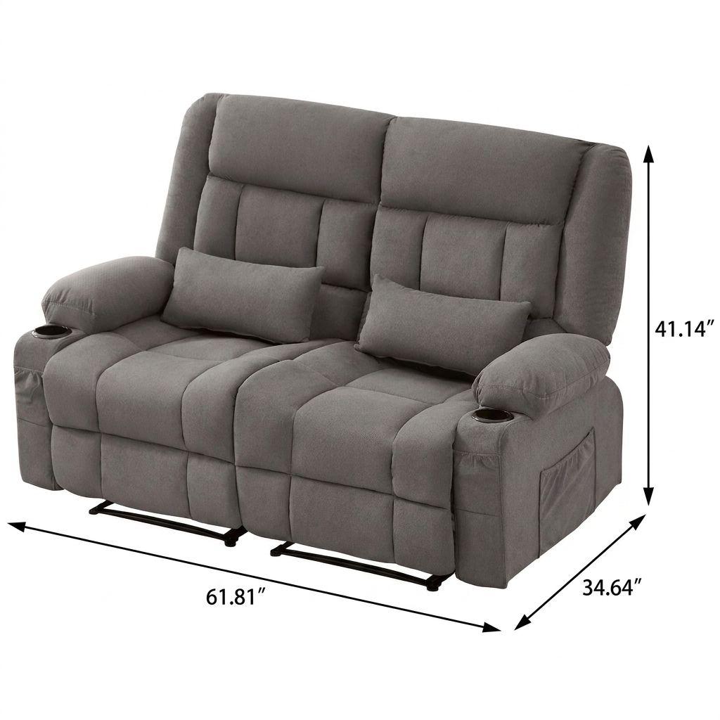 62" Gray Microfiber Manual Reclining Loveseat With Storage and Toss Pillows