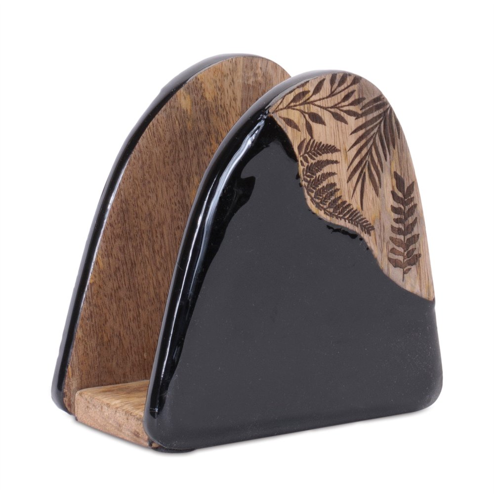 Set of Five Black Solid and Manufactured Wood Coaster Set with Holders With Stand