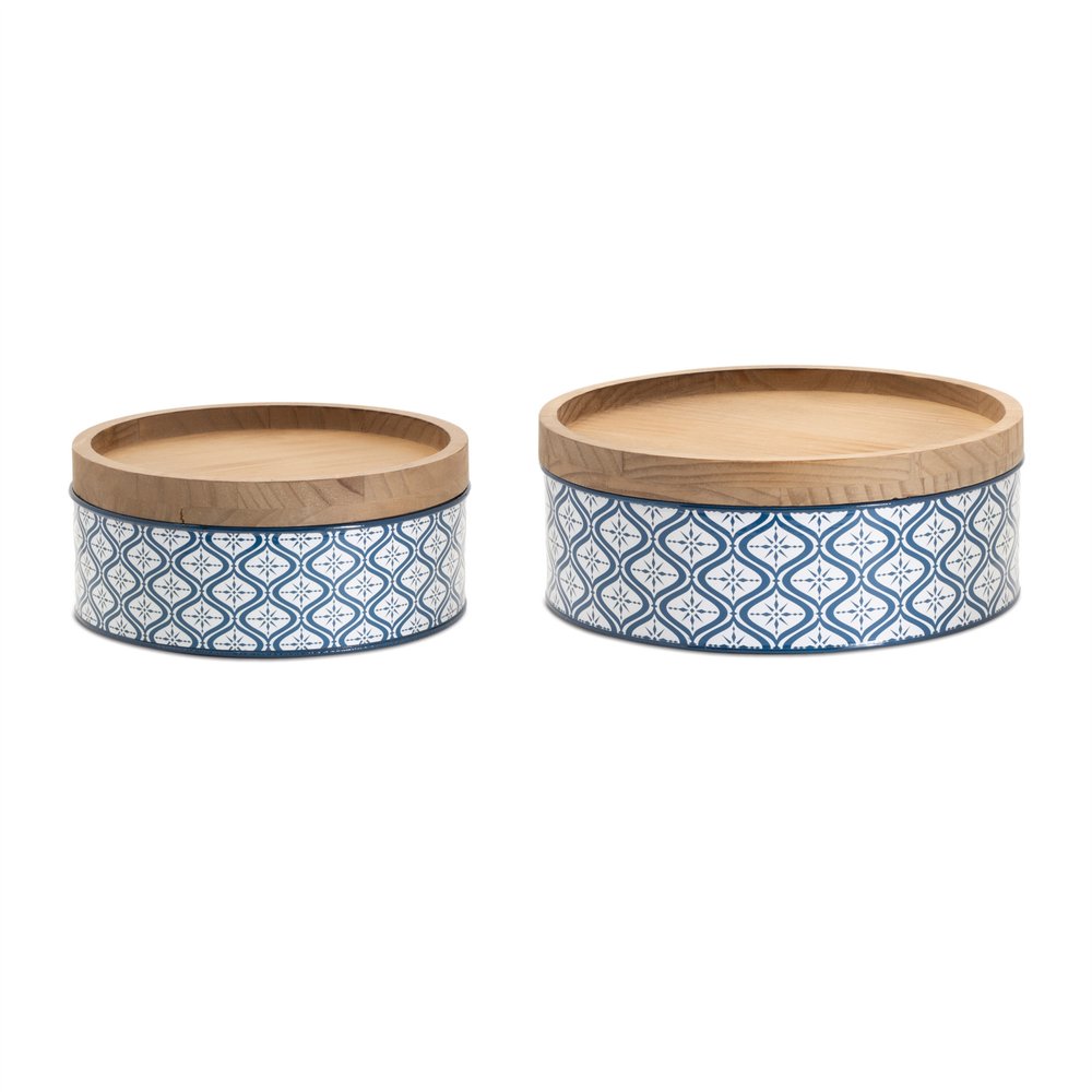 Set of Two Blue And White Metal And Solid Wood Geometric Storage Canisters