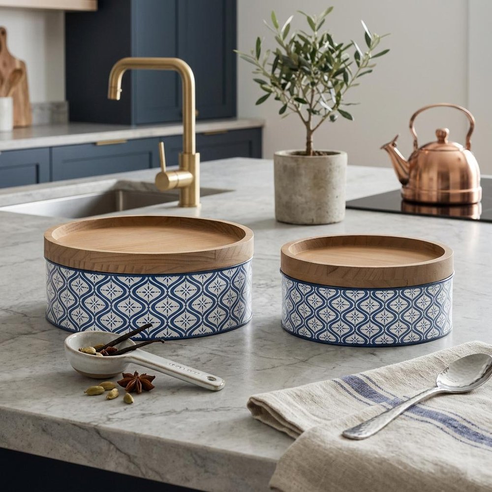 Set of Two Blue And White Metal And Solid Wood Geometric Storage Canisters