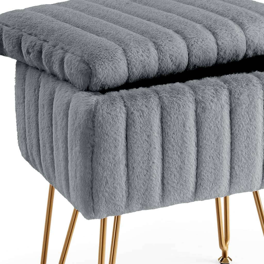 16" Gray and Gold Faux Fur Storage Ottoman