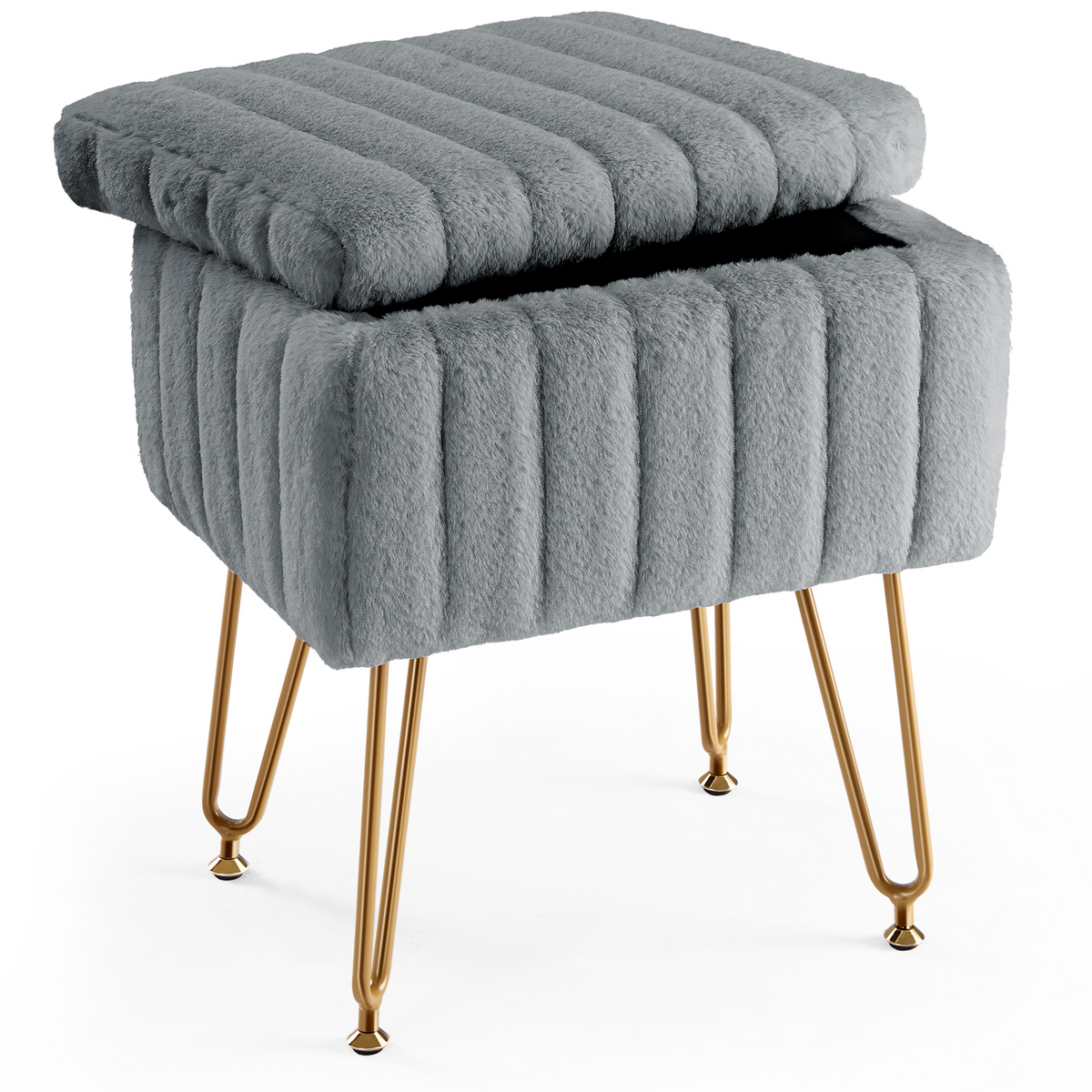 16" Gray and Gold Faux Fur Storage Ottoman
