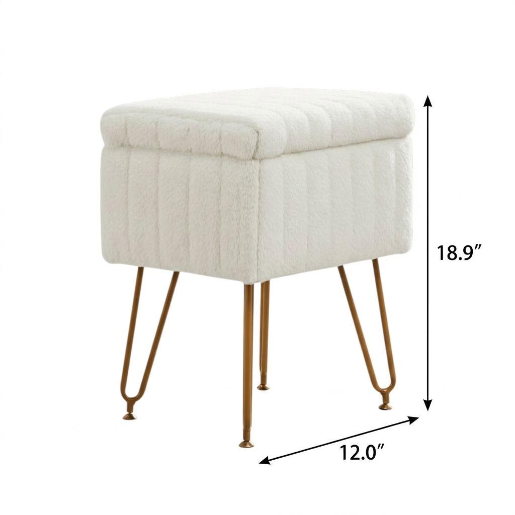 16" White and Gold Faux Fur Tufted Storage Ottoman