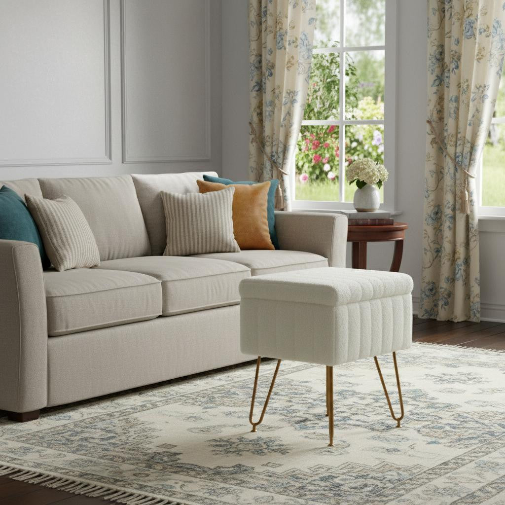 16" White and Gold Faux Fur Tufted Storage Ottoman
