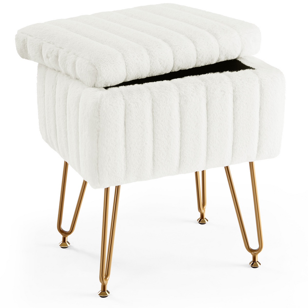 16" White and Gold Faux Fur Tufted Storage Ottoman