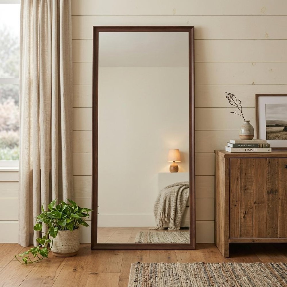 71" Brown Wood Wall Mounted And Leaning Framed Full Length Mirror