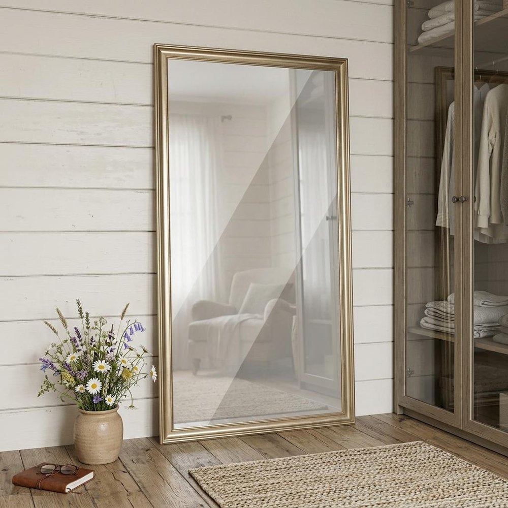 71" Golden Brown Wood Wall Mounted And Leaning Framed Full Length Mirror