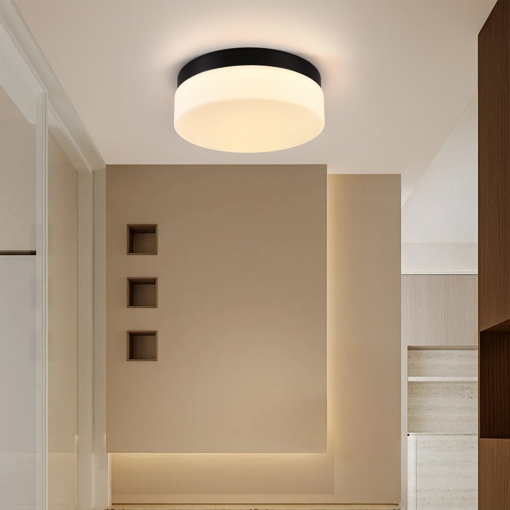 11" Black Metal And Glass Flush Mount Ceiling Light
