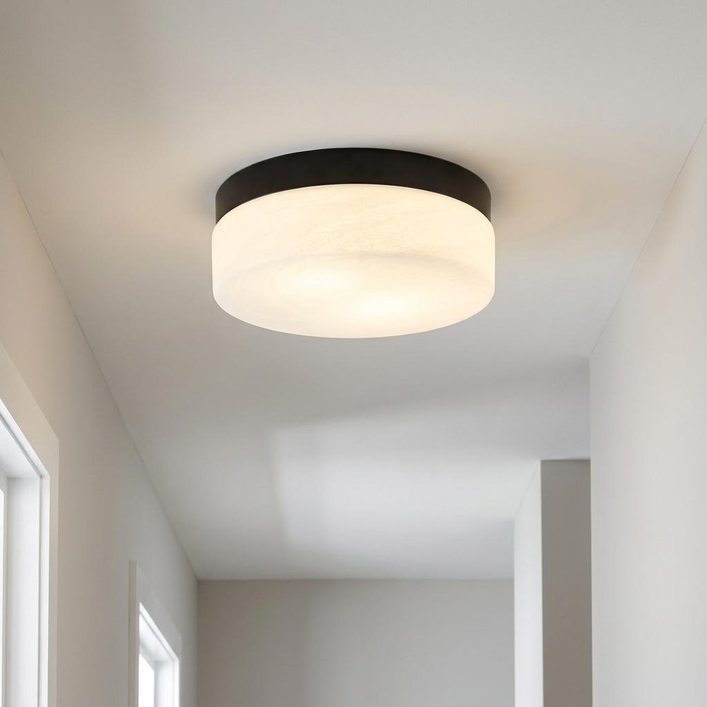 11" Black Metal And Frosted Glass Flush Mount Ceiling Light