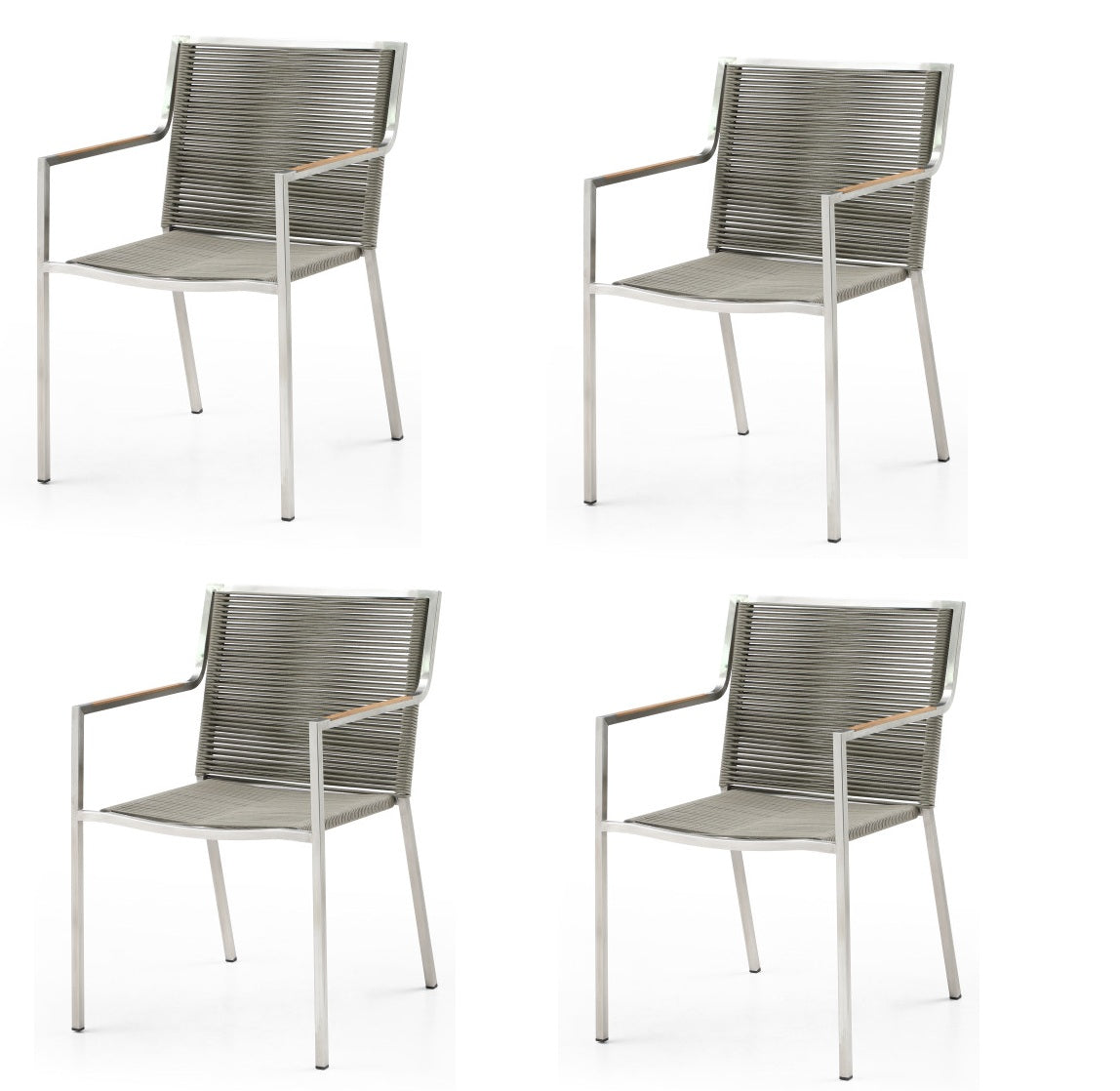 Set of Four Light Brown And Silver Woven Steel Outdoor Arm Chairs