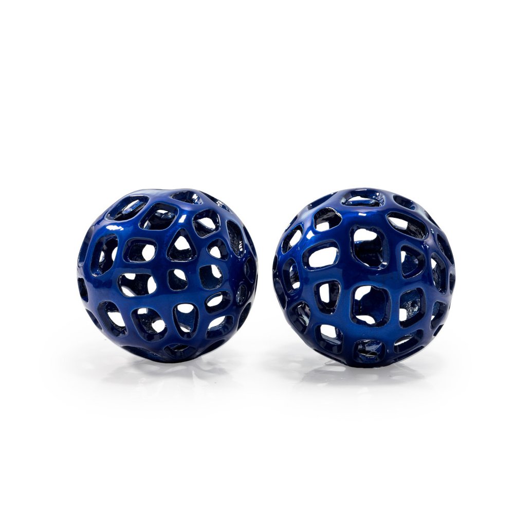 Set of Two Blue Aluminum Hand Painted Decorative Orbs