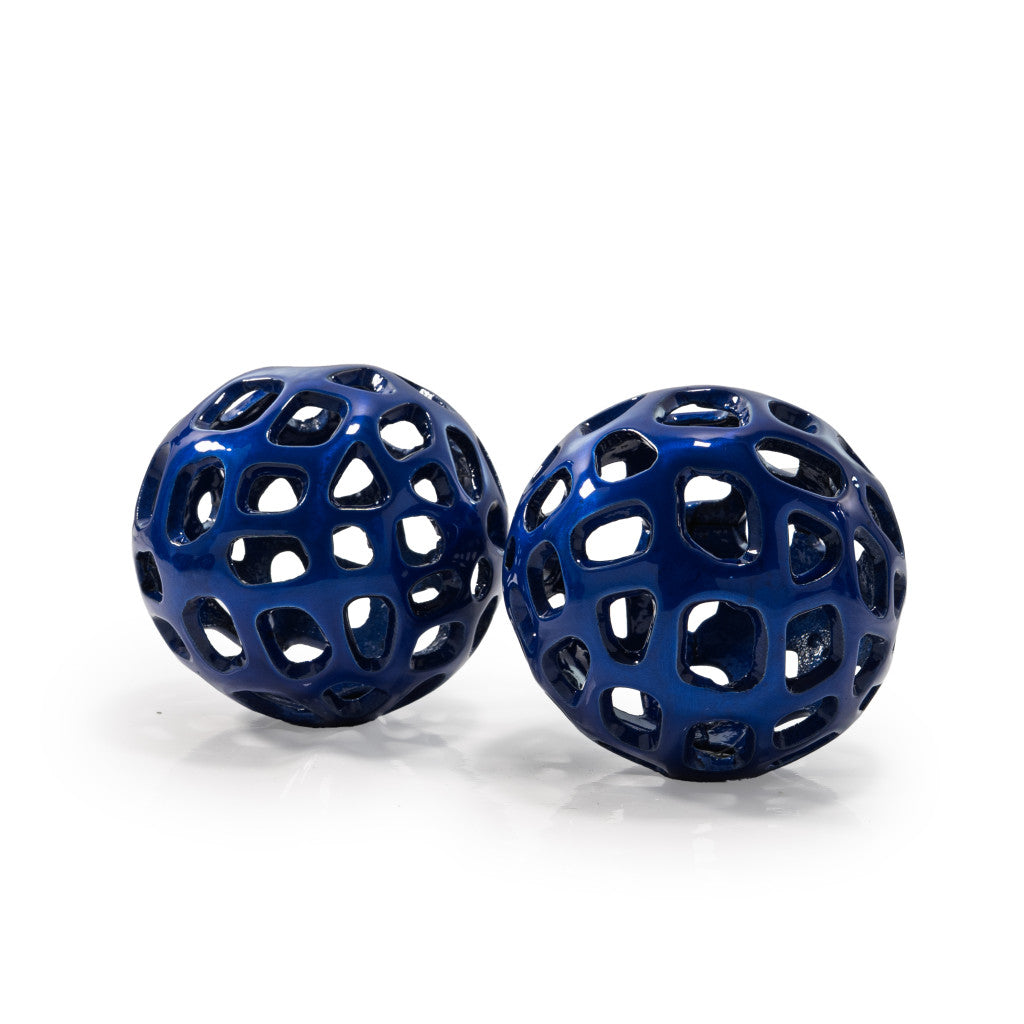 Set of Two Blue Aluminum Hand Painted Decorative Orbs