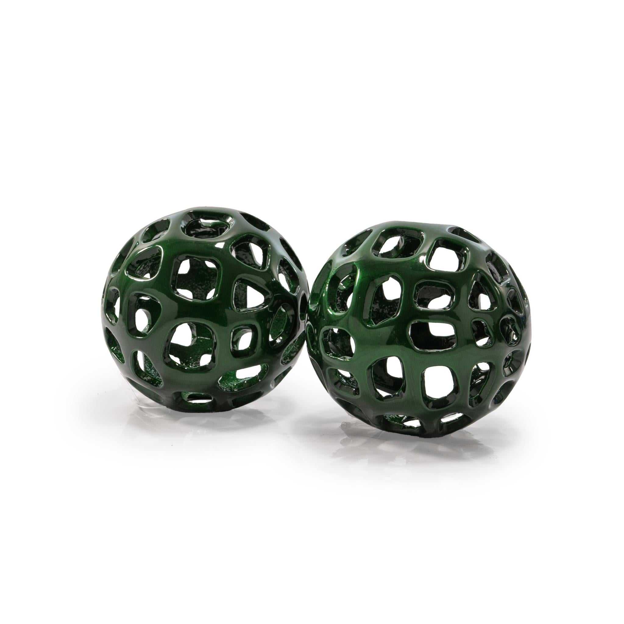 Set of Two Green Aluminum Hand Painted Decorative Orbs