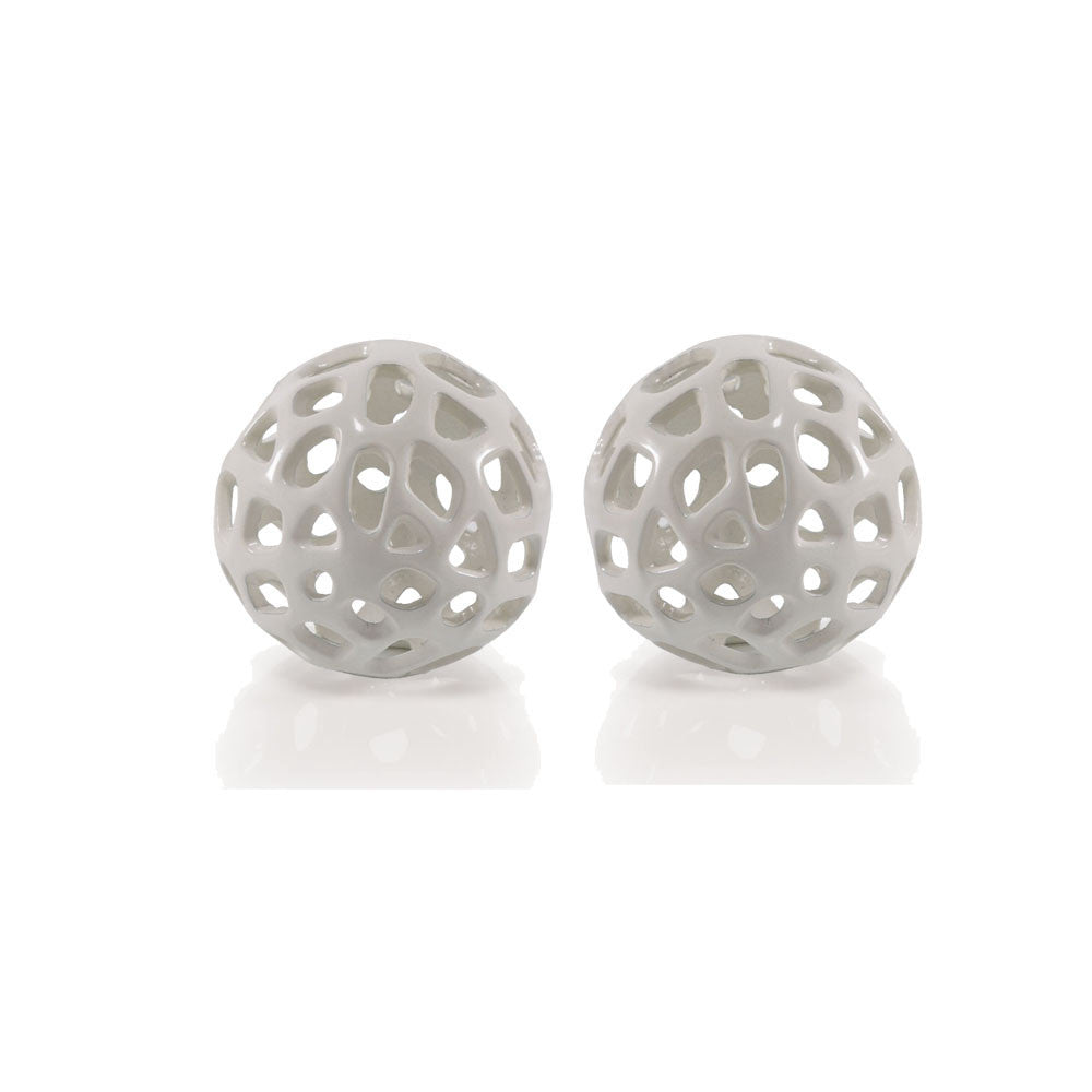 Set of Two White Aluminum Hand Painted Decorative Orbs