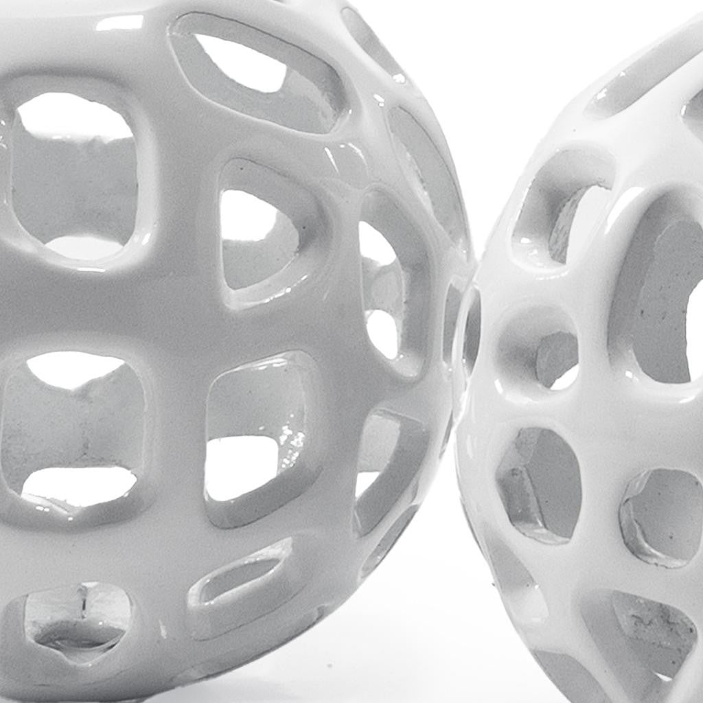 Set of Two White Aluminum Hand Painted Decorative Orbs