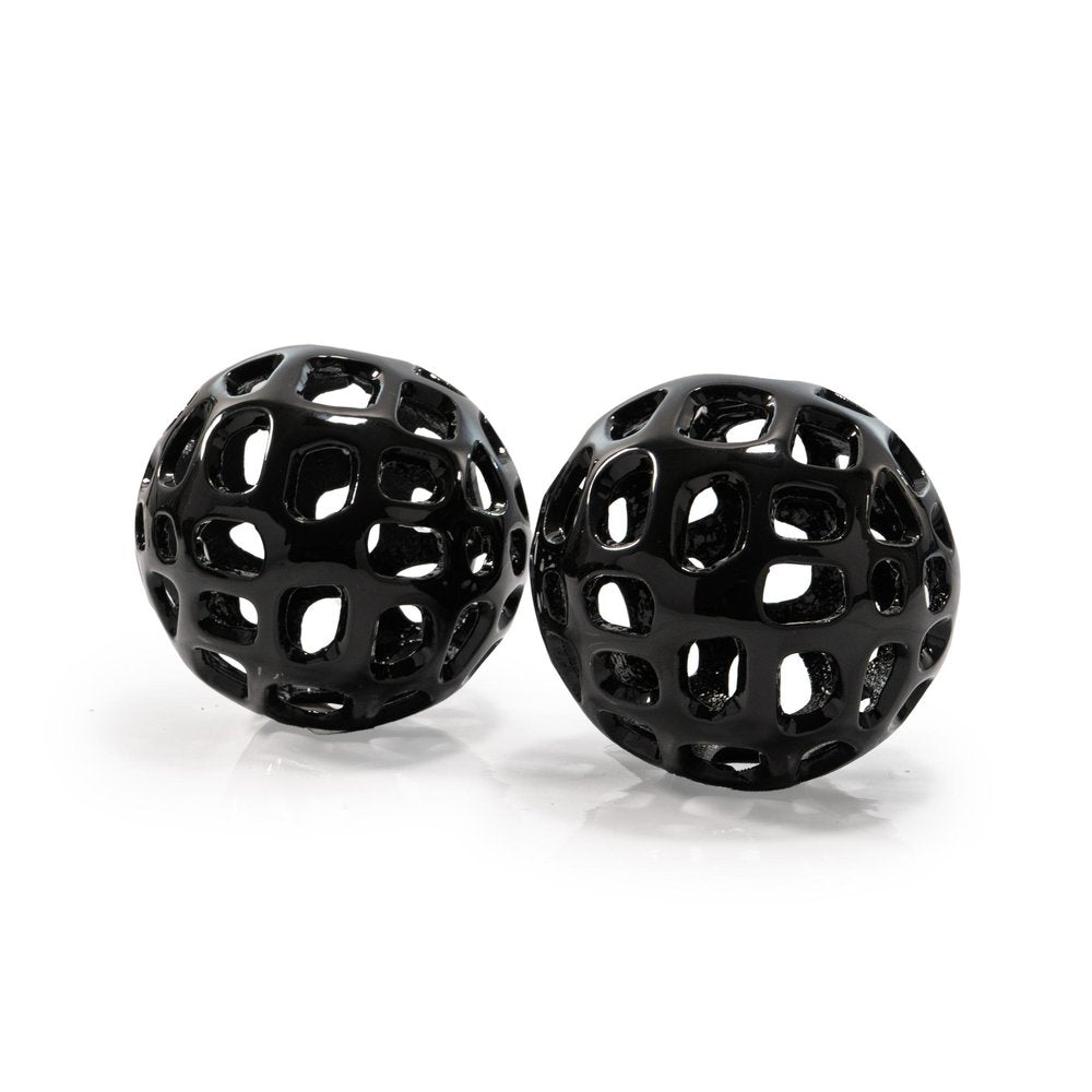 Set of Two Black Aluminum Hand Painted Decorative Orbs
