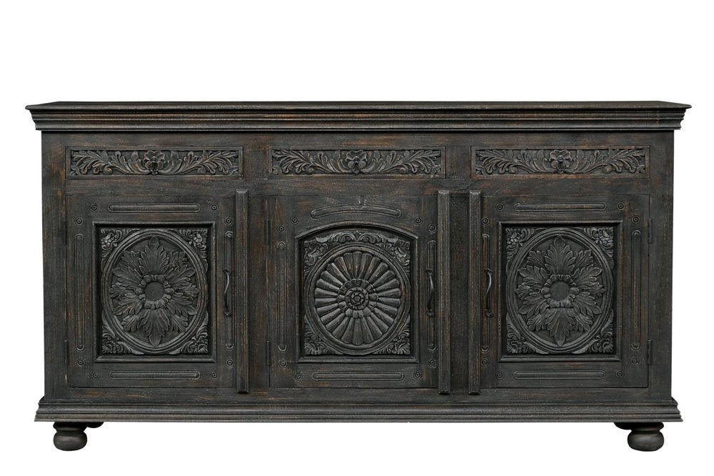 81" Black Distressed Solid Wood Carved Floral Three Drawer Sideboard With Three Doors