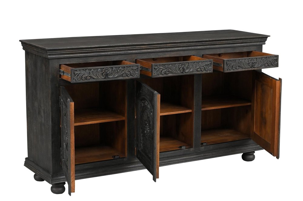 81" Black Distressed Solid Wood Carved Floral Three Drawer Sideboard With Three Doors