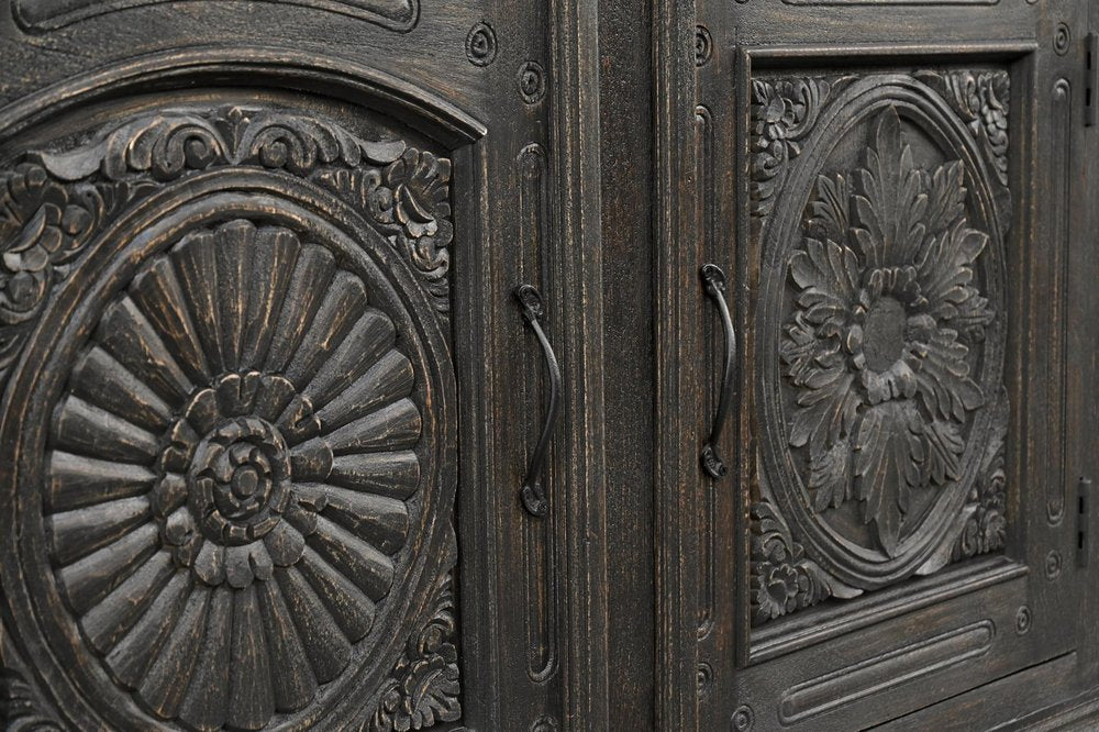 81" Black Distressed Solid Wood Carved Floral Three Drawer Sideboard With Three Doors