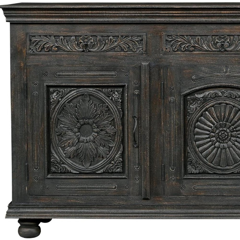 81" Black Distressed Solid Wood Carved Floral Three Drawer Sideboard With Three Doors