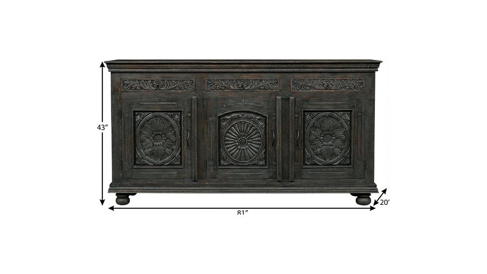 81" Black Distressed Solid Wood Carved Floral Three Drawer Sideboard With Three Doors